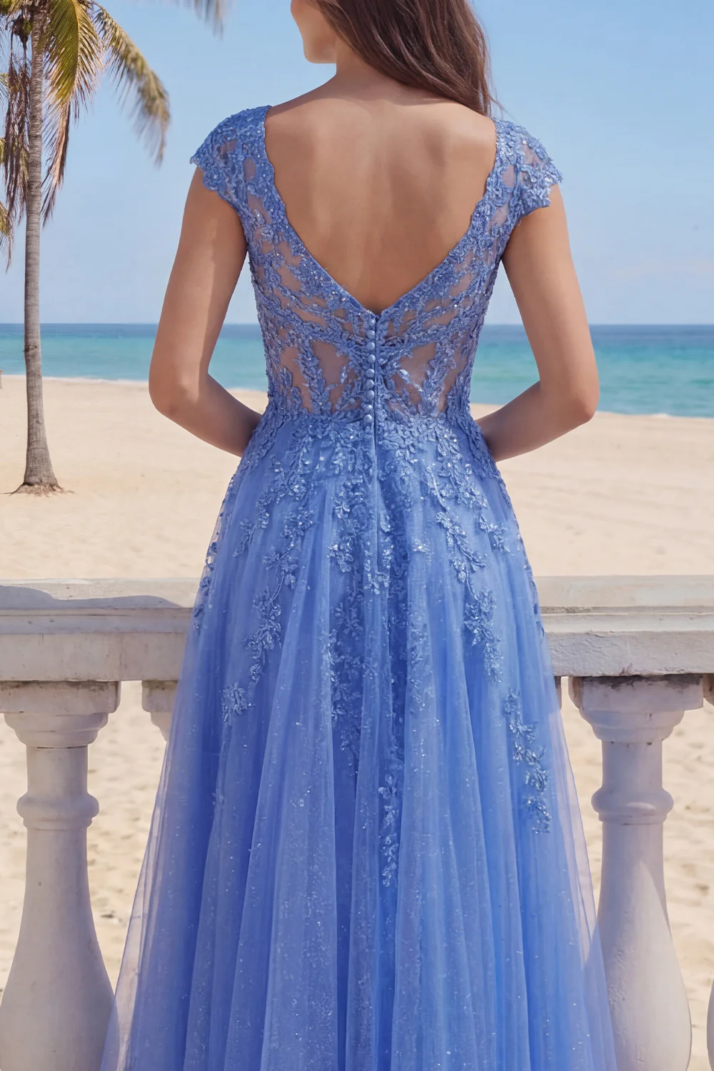 Dark Blue A Line Corset V-Neck Tulle Long Prom Dress with Cap Sleeves - Image 4