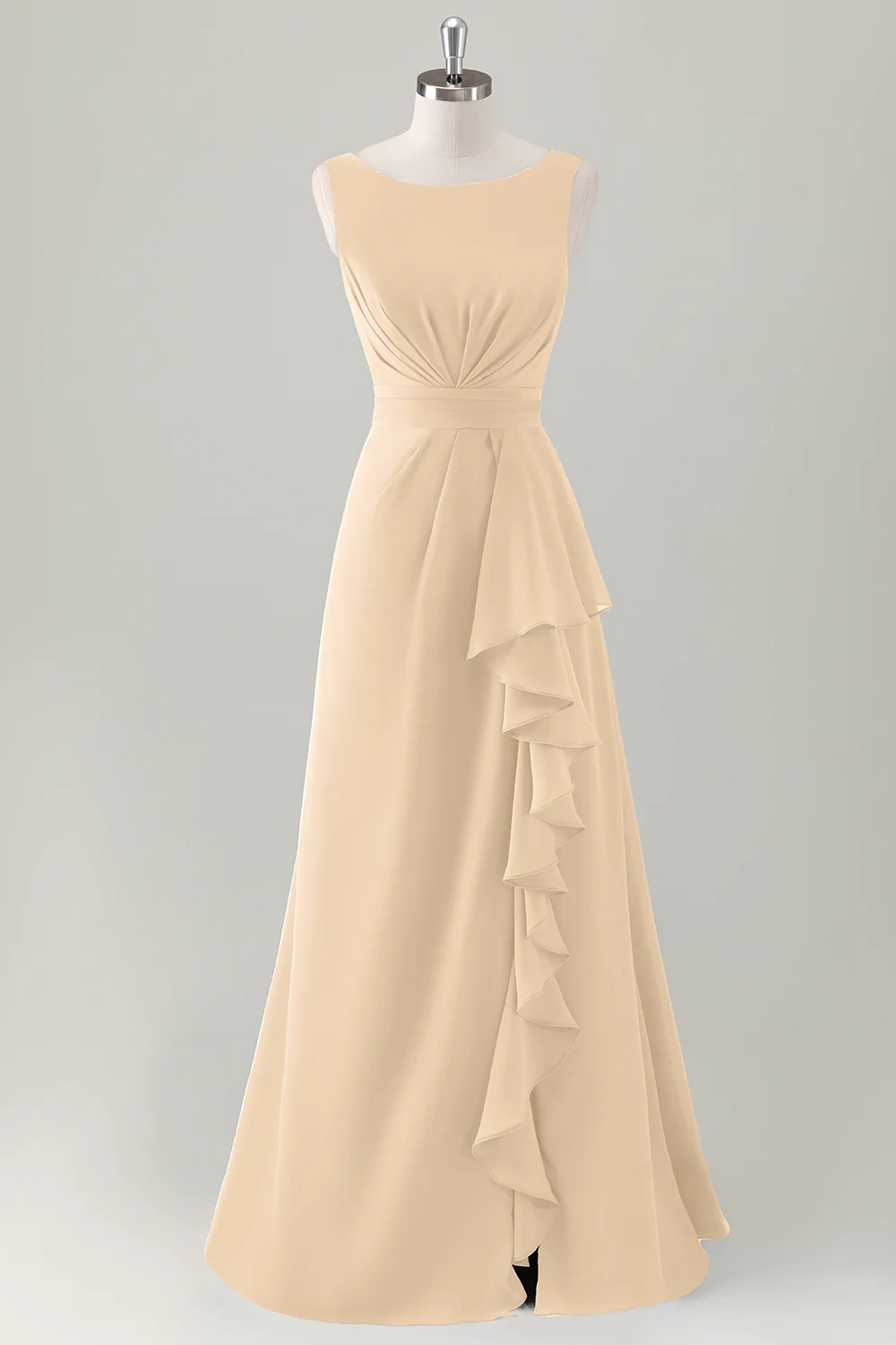 Dark Blue A Line Ruffle Long Bridesmaid Dress with Slit - Image 11