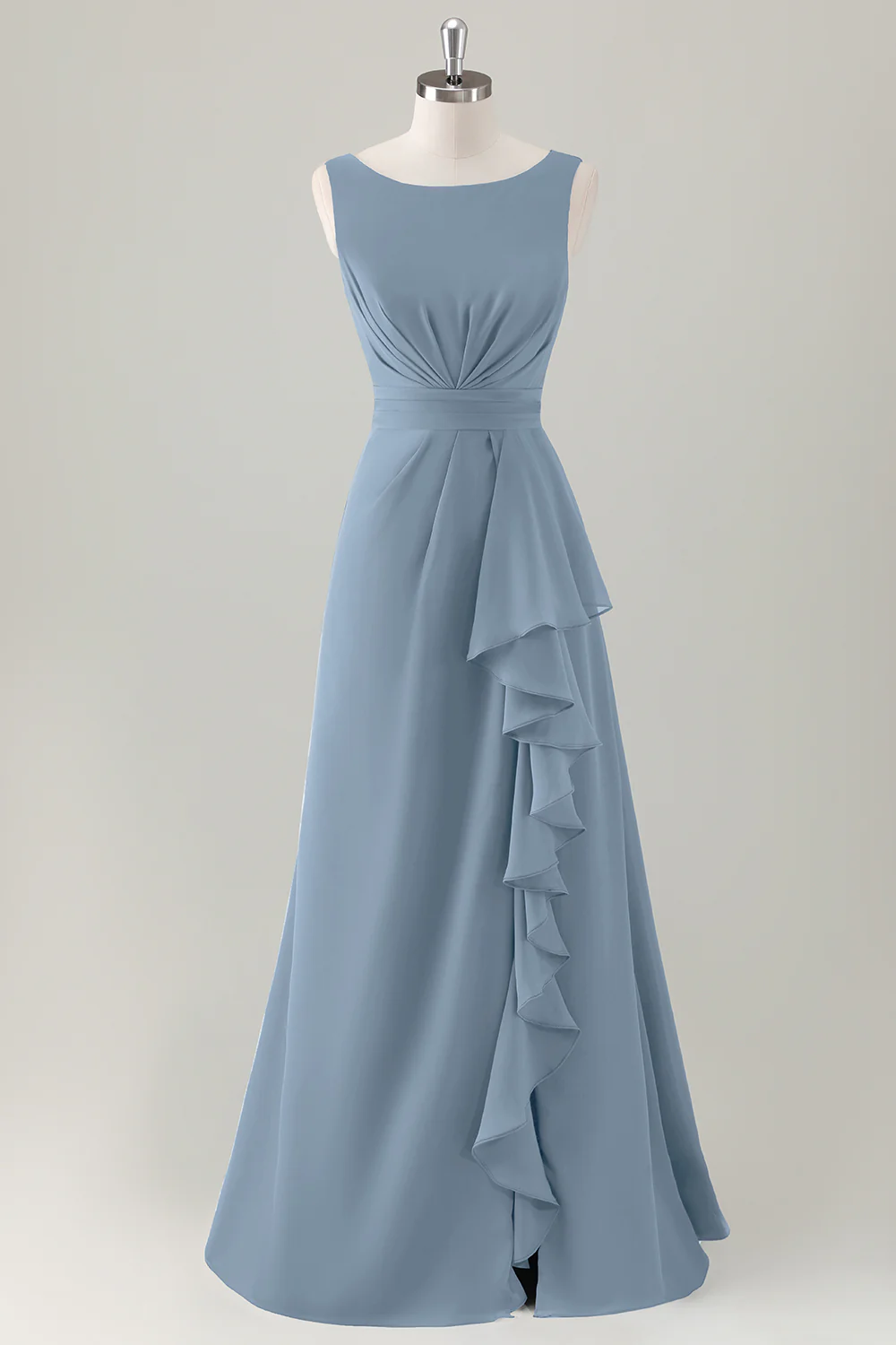 Dark Blue A Line Ruffle Long Bridesmaid Dress with Slit - Image 15