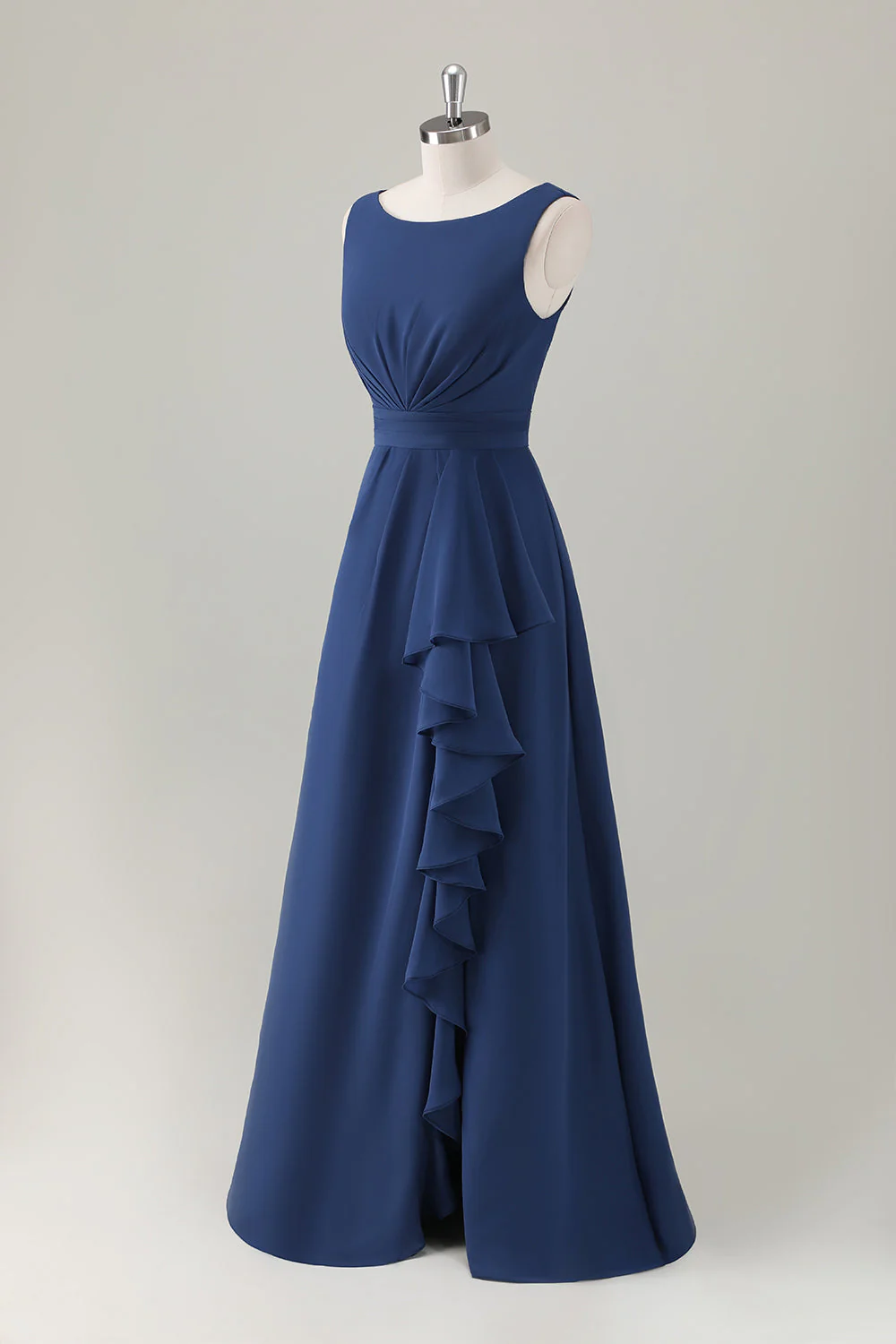 Dark Blue A Line Ruffle Long Bridesmaid Dress with Slit - Image 3