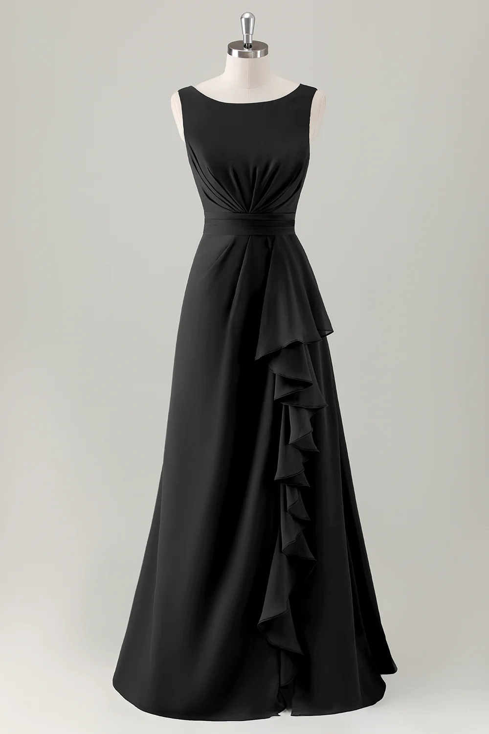 Dark Blue A Line Ruffle Long Bridesmaid Dress with Slit - Image 7