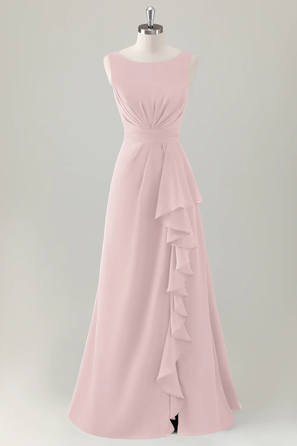 Dark Blue A Line Ruffle Long Bridesmaid Dress with Slit - Image 9