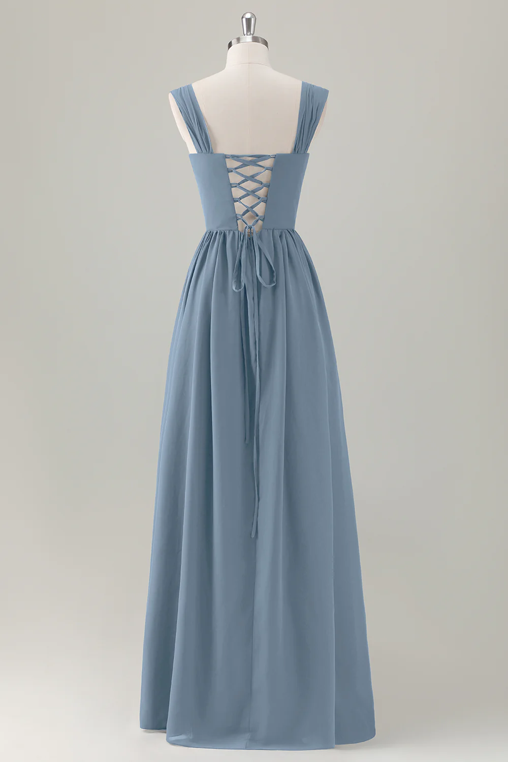 Dark Blue A Line Square Neck Corset Long Bridesmaid Dress with Lace Up Back - Image 15