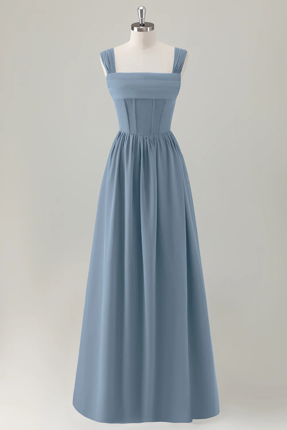 Dark Blue A Line Square Neck Corset Long Bridesmaid Dress with Lace Up Back - Image 16