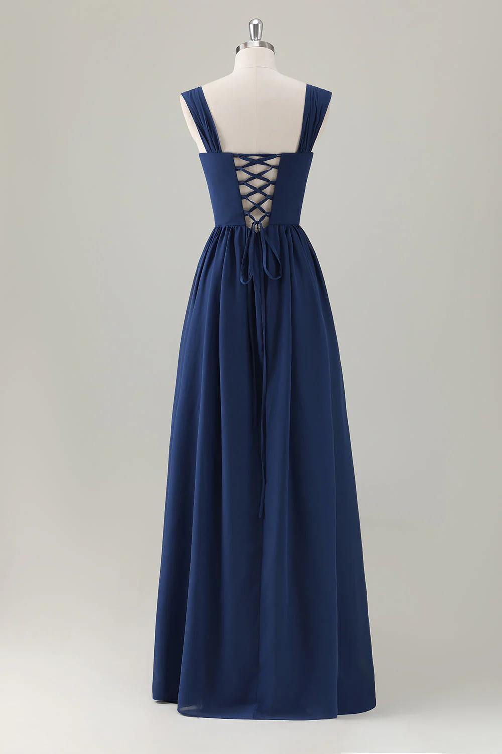 Dark Blue A Line Square Neck Corset Long Bridesmaid Dress with Lace Up Back - Image 2