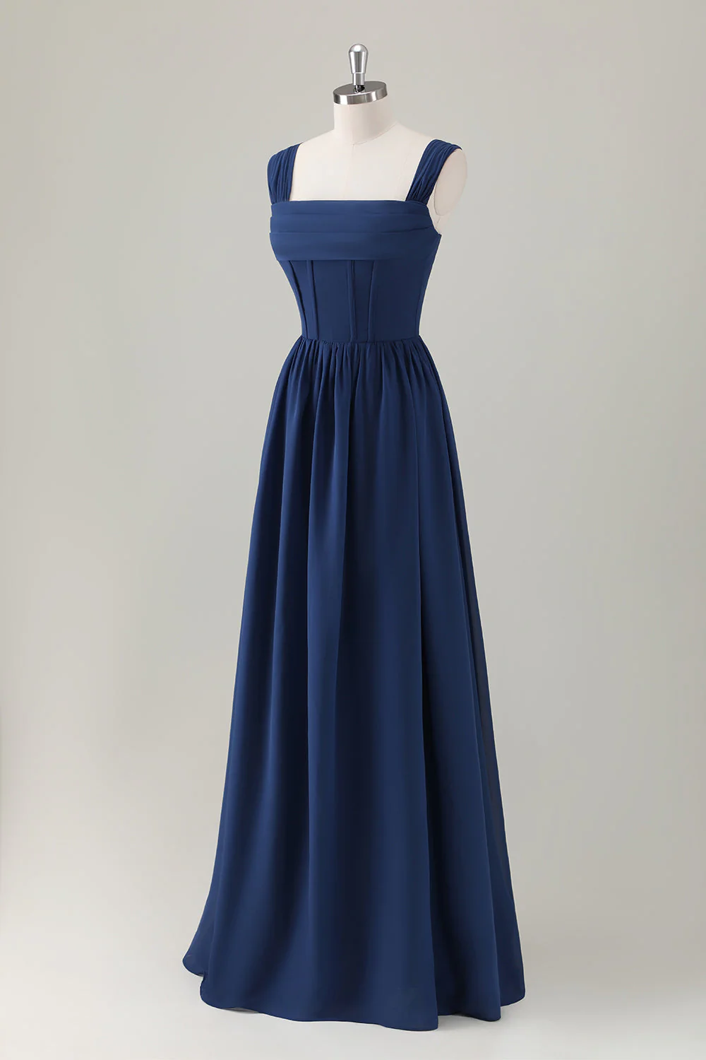 Dark Blue A Line Square Neck Corset Long Bridesmaid Dress with Lace Up Back - Image 3