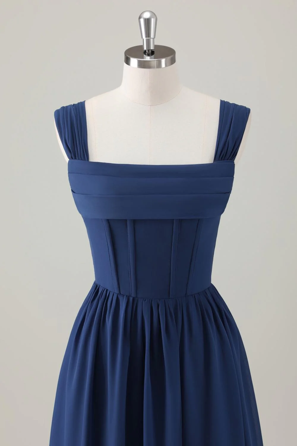 Dark Blue A Line Square Neck Corset Long Bridesmaid Dress with Lace Up Back - Image 4