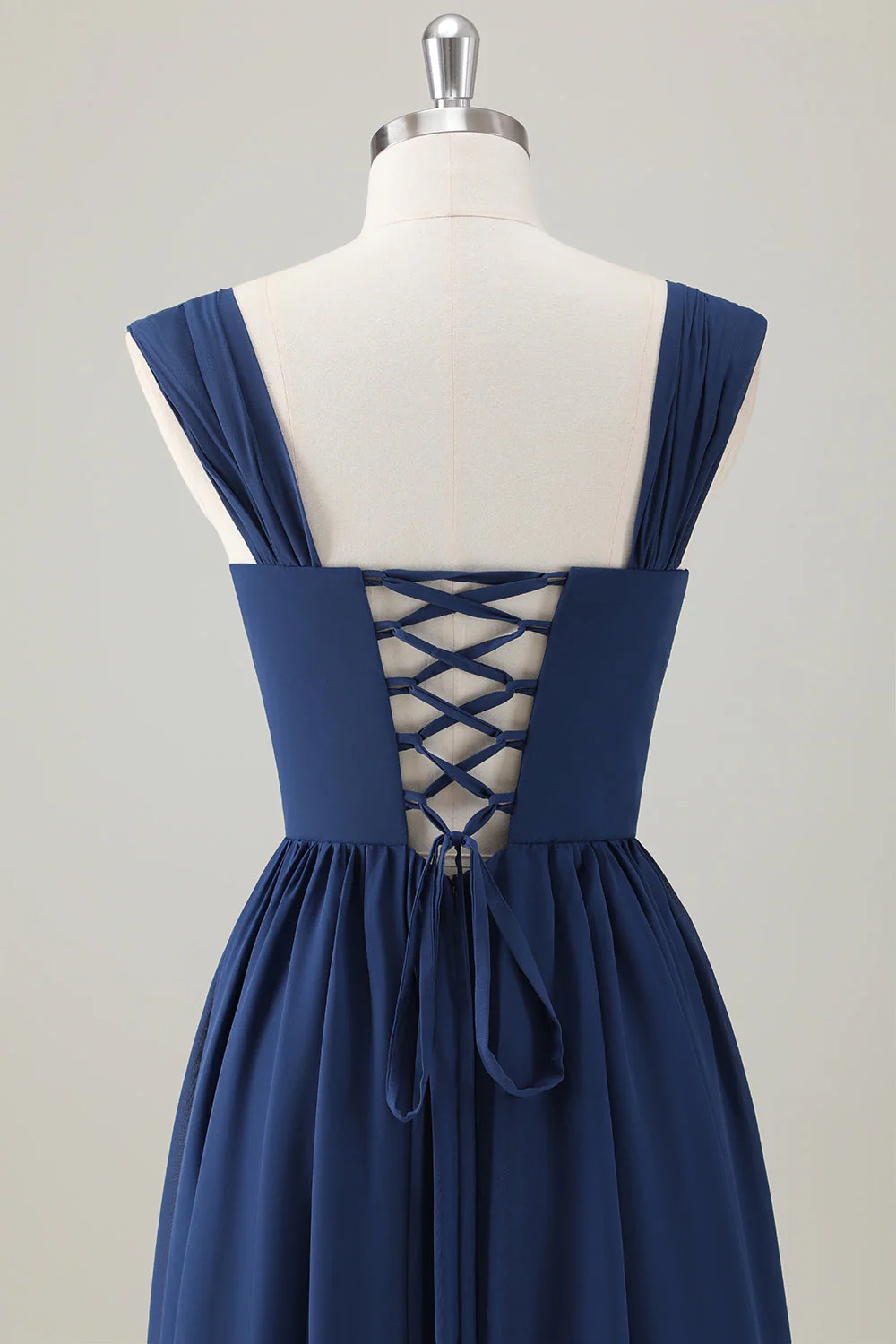 Dark Blue A Line Square Neck Corset Long Bridesmaid Dress with Lace Up Back - Image 5