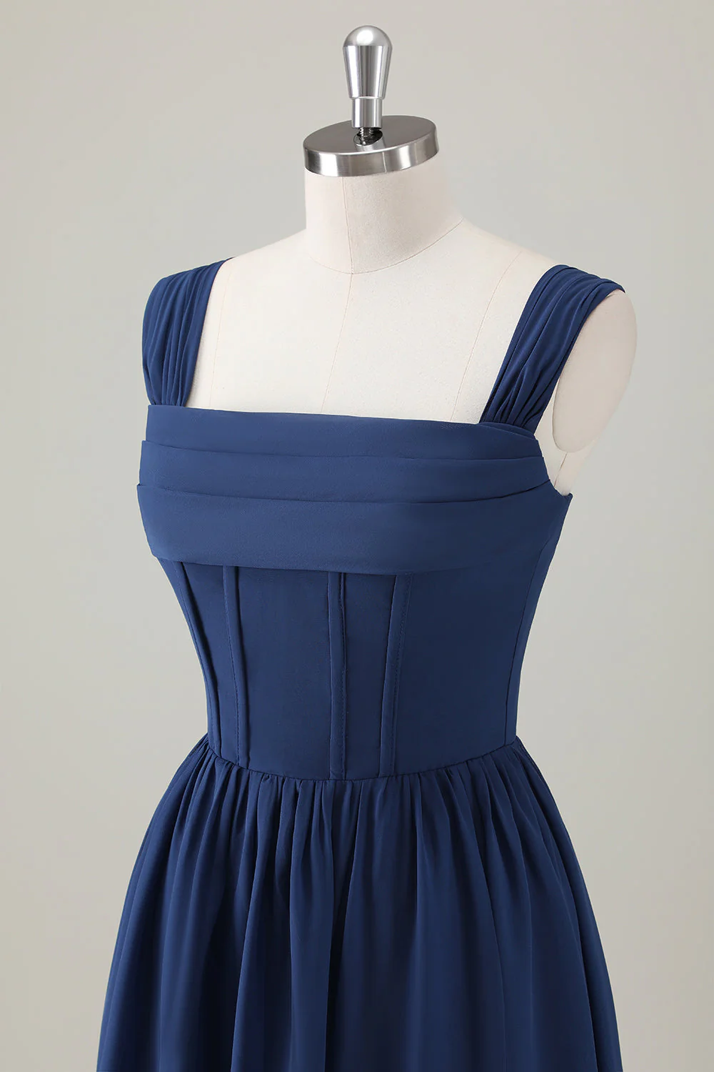 Dark Blue A Line Square Neck Corset Long Bridesmaid Dress with Lace Up Back - Image 6
