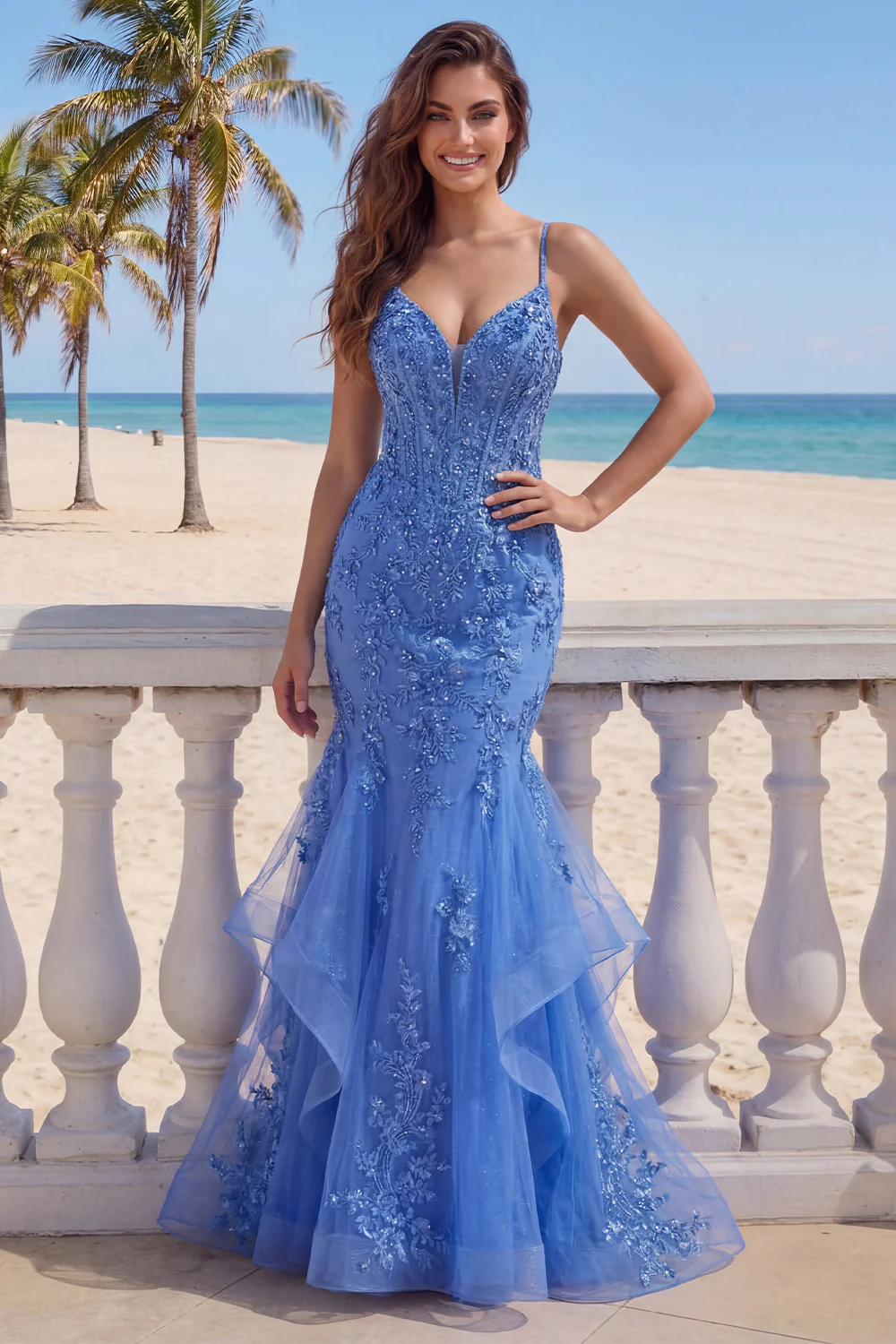 Dark Blue Mermaid Ruffled Spaghetti Straps Long Prom Dress