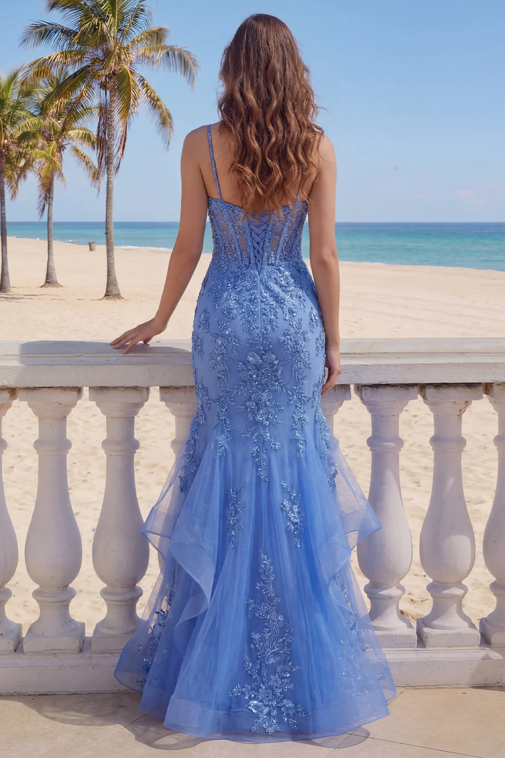 Dark Blue Mermaid Ruffled Spaghetti Straps Long Prom Dress - Image 2