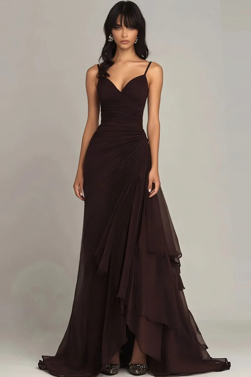 Dark Brown Spaghetti Straps A Line Ruffled Evening Dress
