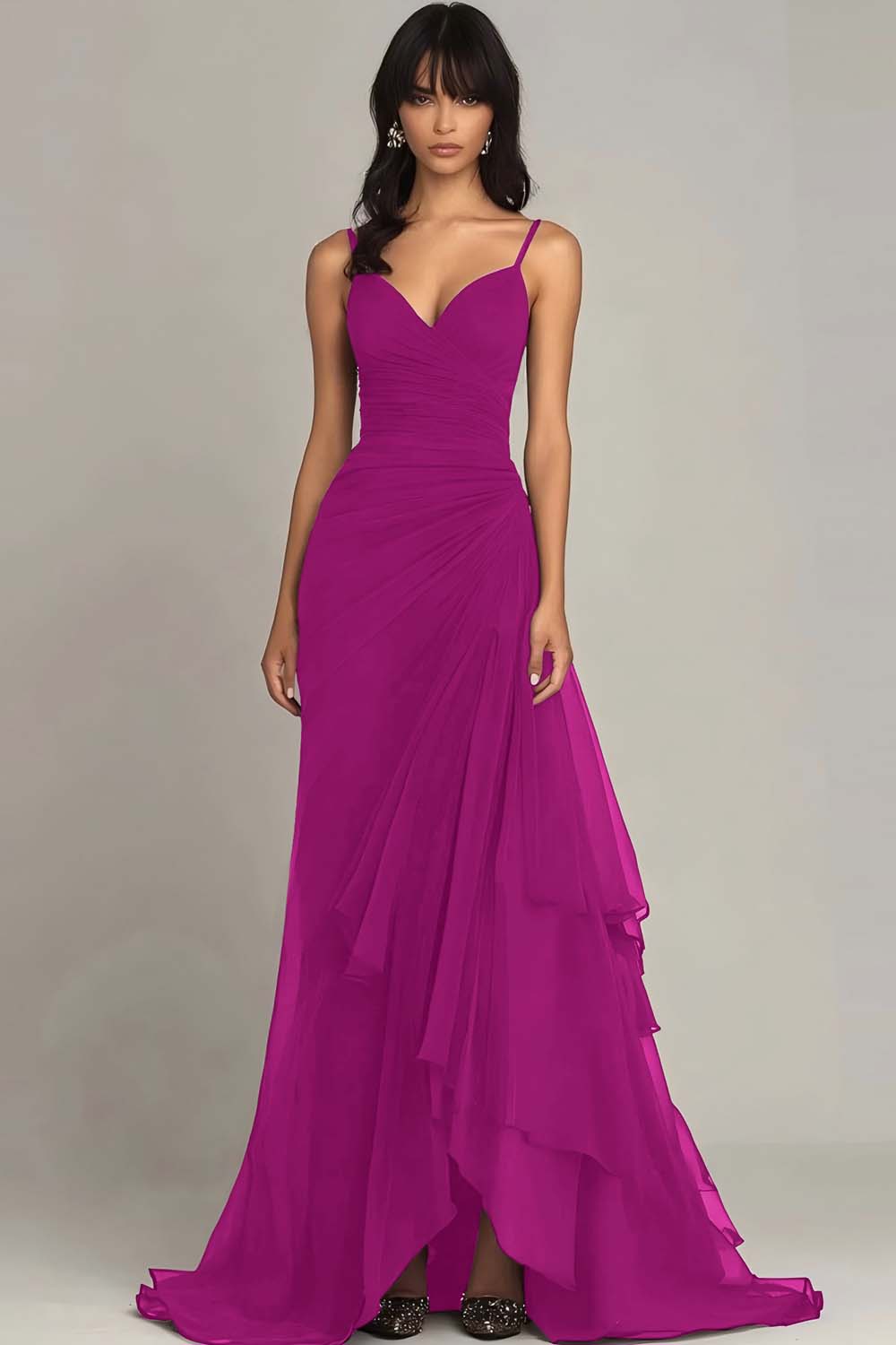 Dark Brown Spaghetti Straps A Line Ruffled Evening Dress - Image 5