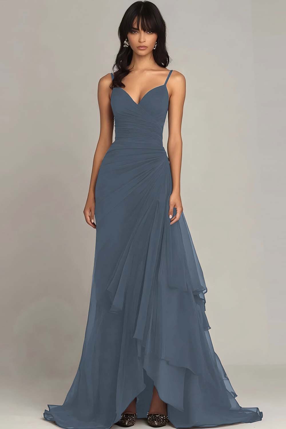 Dark Brown Spaghetti Straps A Line Ruffled Evening Dress - Image 6