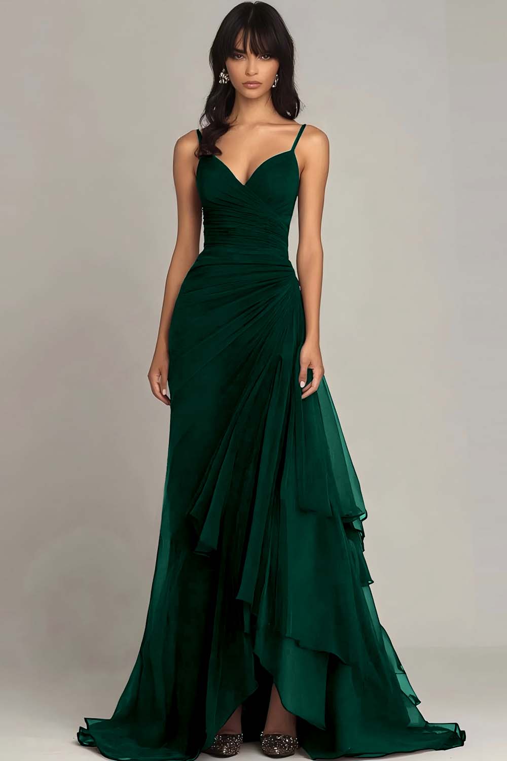 Dark Brown Spaghetti Straps A Line Ruffled Evening Dress - Image 8