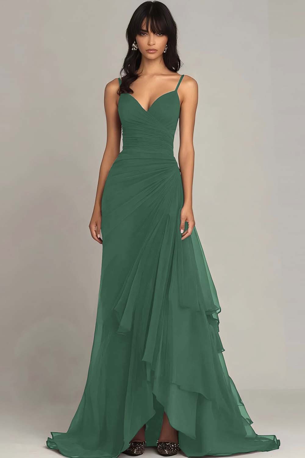 Dark Brown Spaghetti Straps A Line Ruffled Evening Dress - Image 9