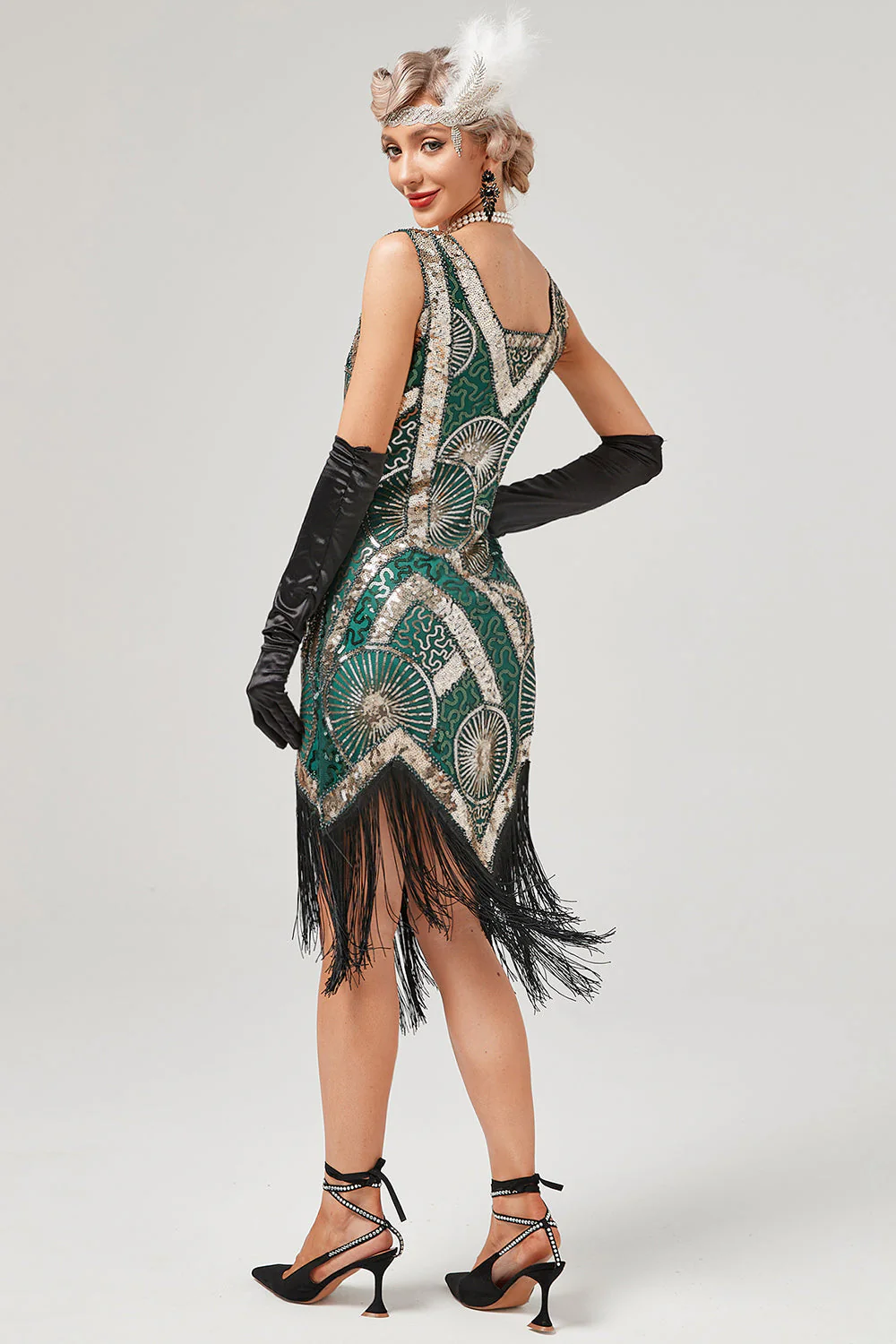 Dark Green 1920s Flapper Dress With Fringes - Image 2