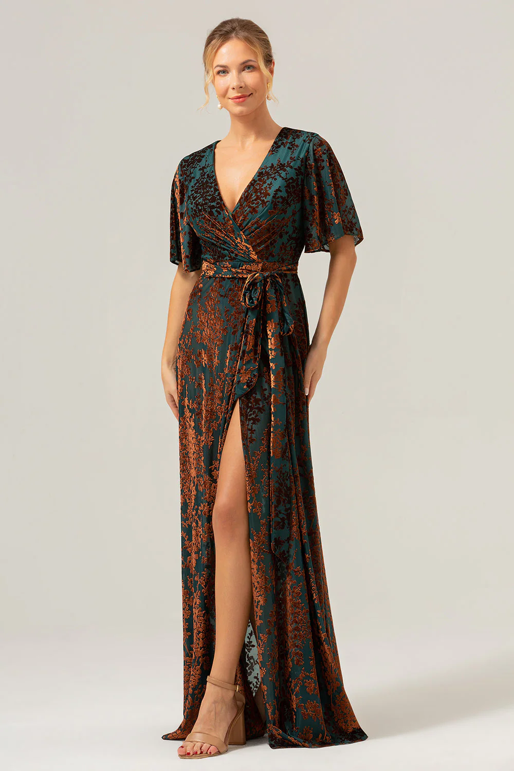 Dark Green A Line Burnout Velvet Long Prom Dress with Short Sleeves