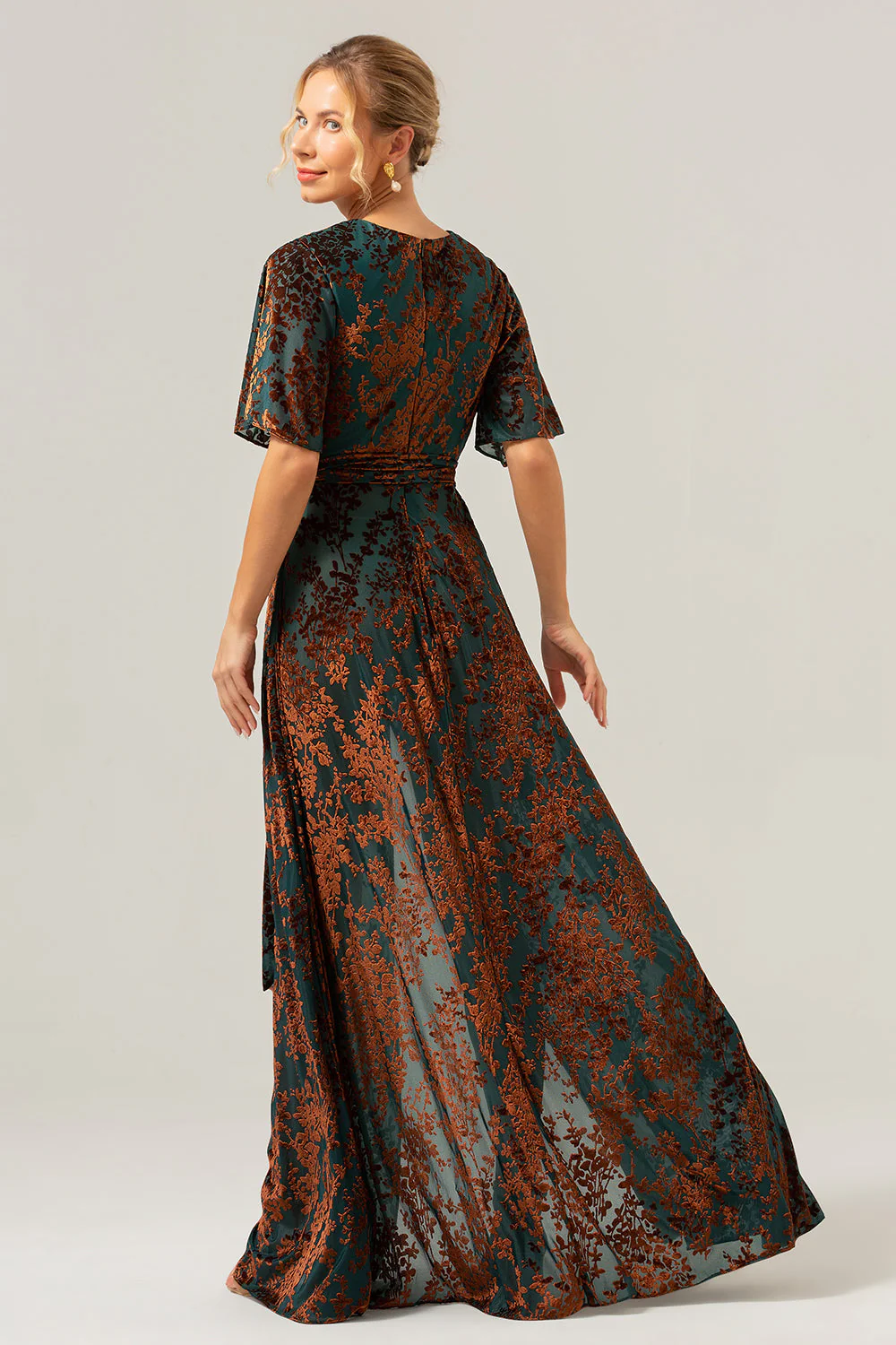 Dark Green A Line Burnout Velvet Long Prom Dress with Short Sleeves - Image 2