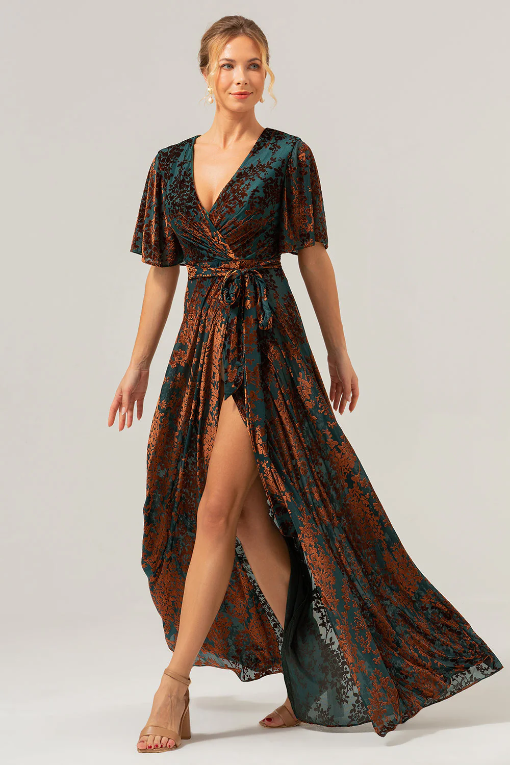 Dark Green A Line Burnout Velvet Long Prom Dress with Short Sleeves - Image 5