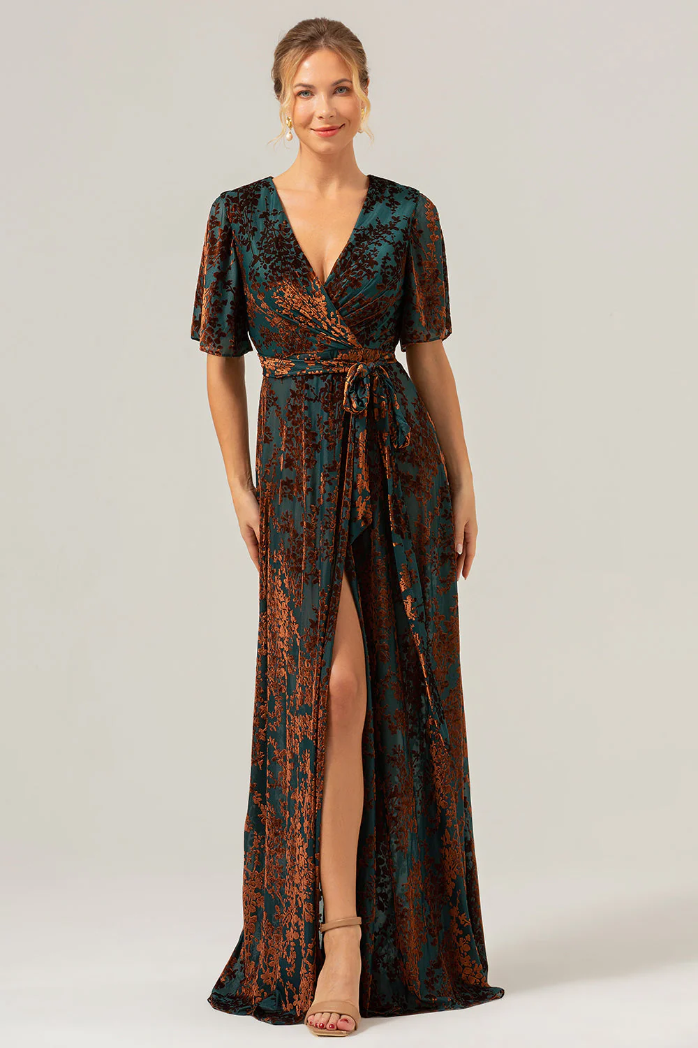 Dark Green A Line Burnout Velvet Long Prom Dress with Short Sleeves - Image 6