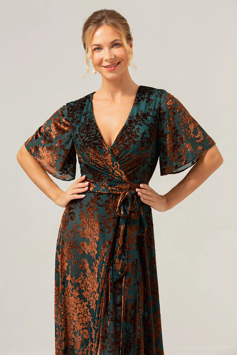 Dark Green A Line Burnout Velvet Long Prom Dress with Short Sleeves - Image 7