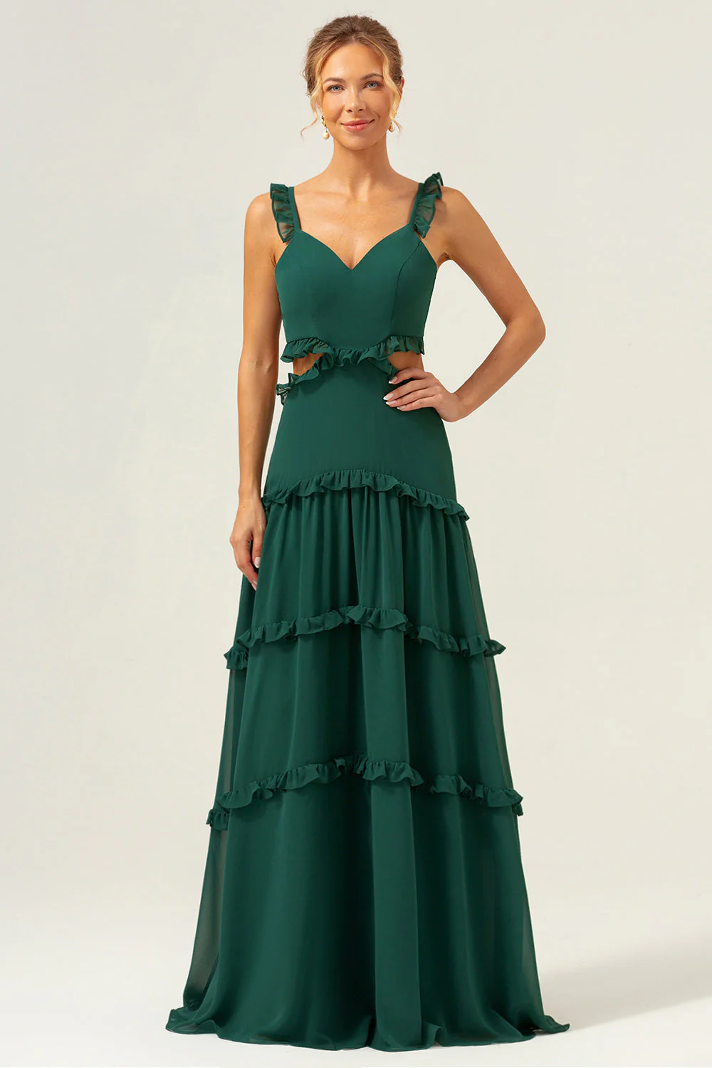 Dark Green A Line Chiffon Ruffled Long Bridesmaid Dress with Hollow Out