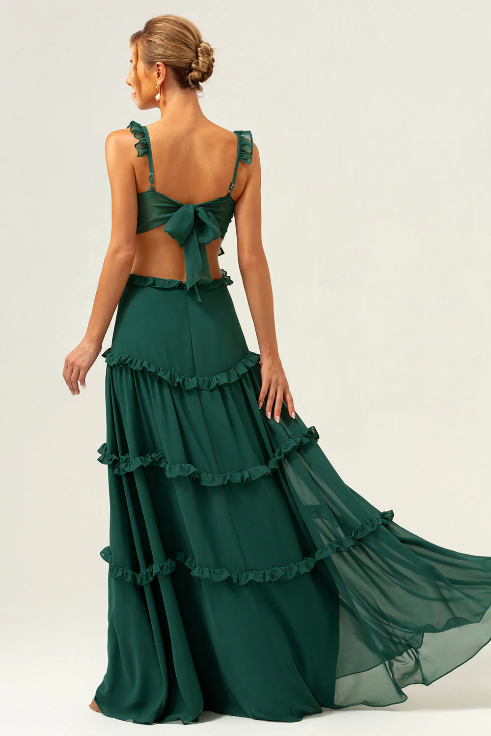Dark Green A Line Chiffon Ruffled Long Bridesmaid Dress with Hollow Out - Image 2
