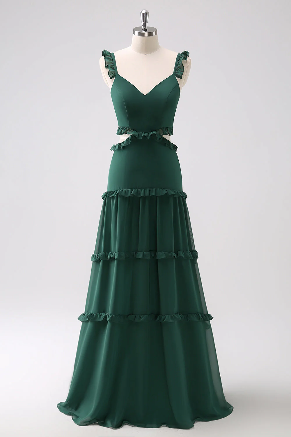 Dark Green A Line Chiffon Ruffled Long Bridesmaid Dress with Hollow Out - Image 3