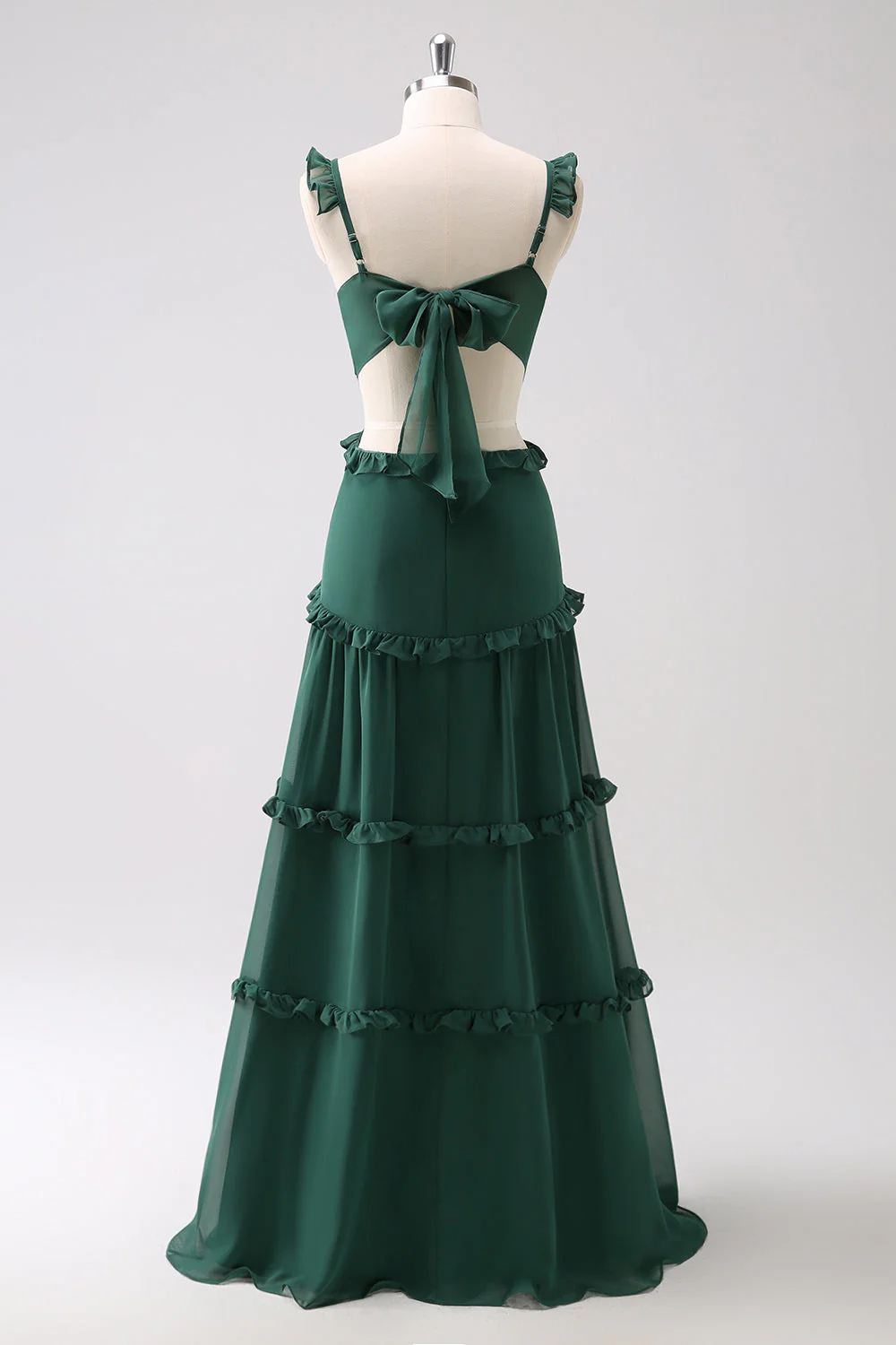 Dark Green A Line Chiffon Ruffled Long Bridesmaid Dress with Hollow Out - Image 4