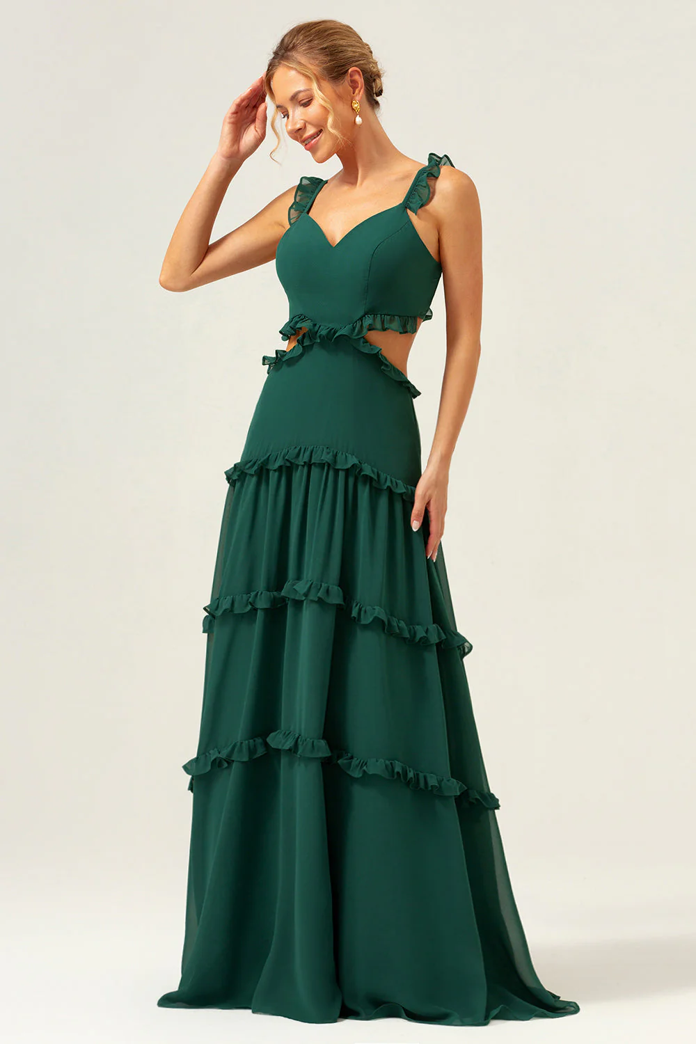 Dark Green A Line Chiffon Ruffled Long Bridesmaid Dress with Hollow Out - Image 5