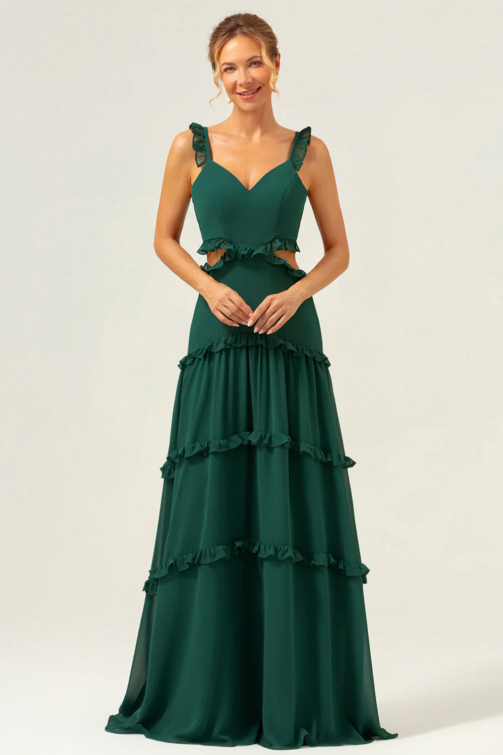 Dark Green A Line Chiffon Ruffled Long Bridesmaid Dress with Hollow Out - Image 6