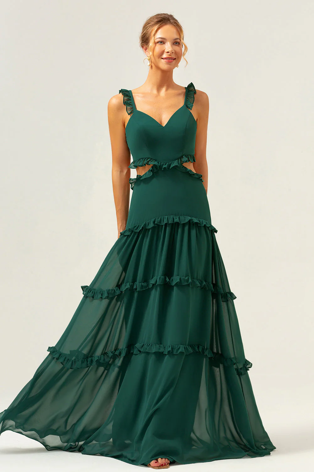 Dark Green A Line Chiffon Ruffled Long Bridesmaid Dress with Hollow Out - Image 7