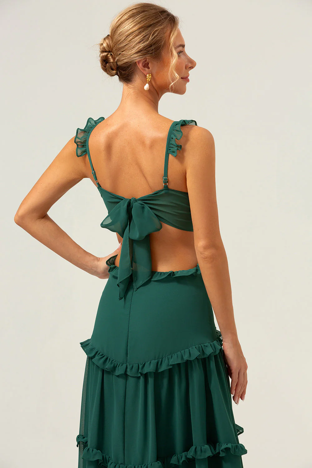 Dark Green A Line Chiffon Ruffled Long Bridesmaid Dress with Hollow Out - Image 9