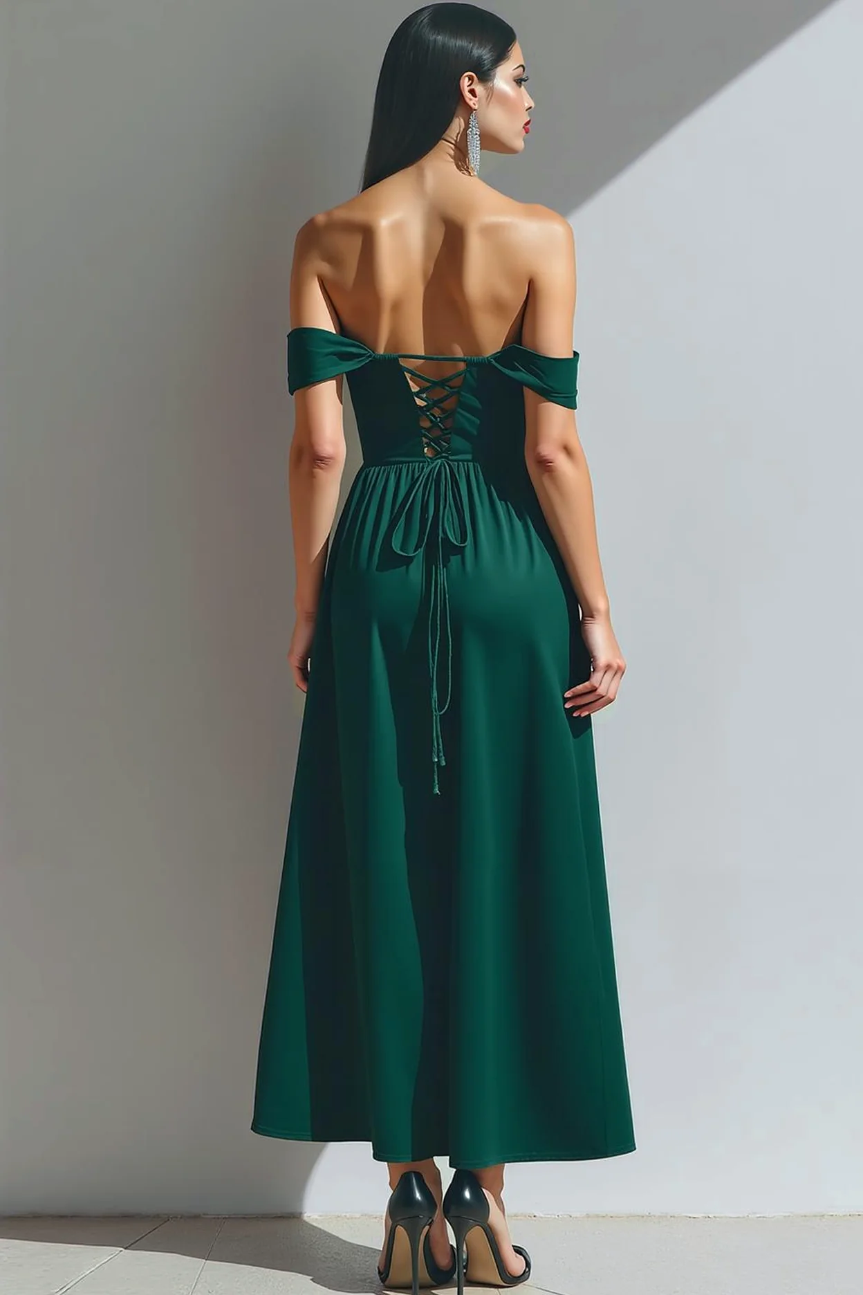 Dark Green A-Line Corset Velvet Maxi Holiday Party Dress with Pockets - Image 2