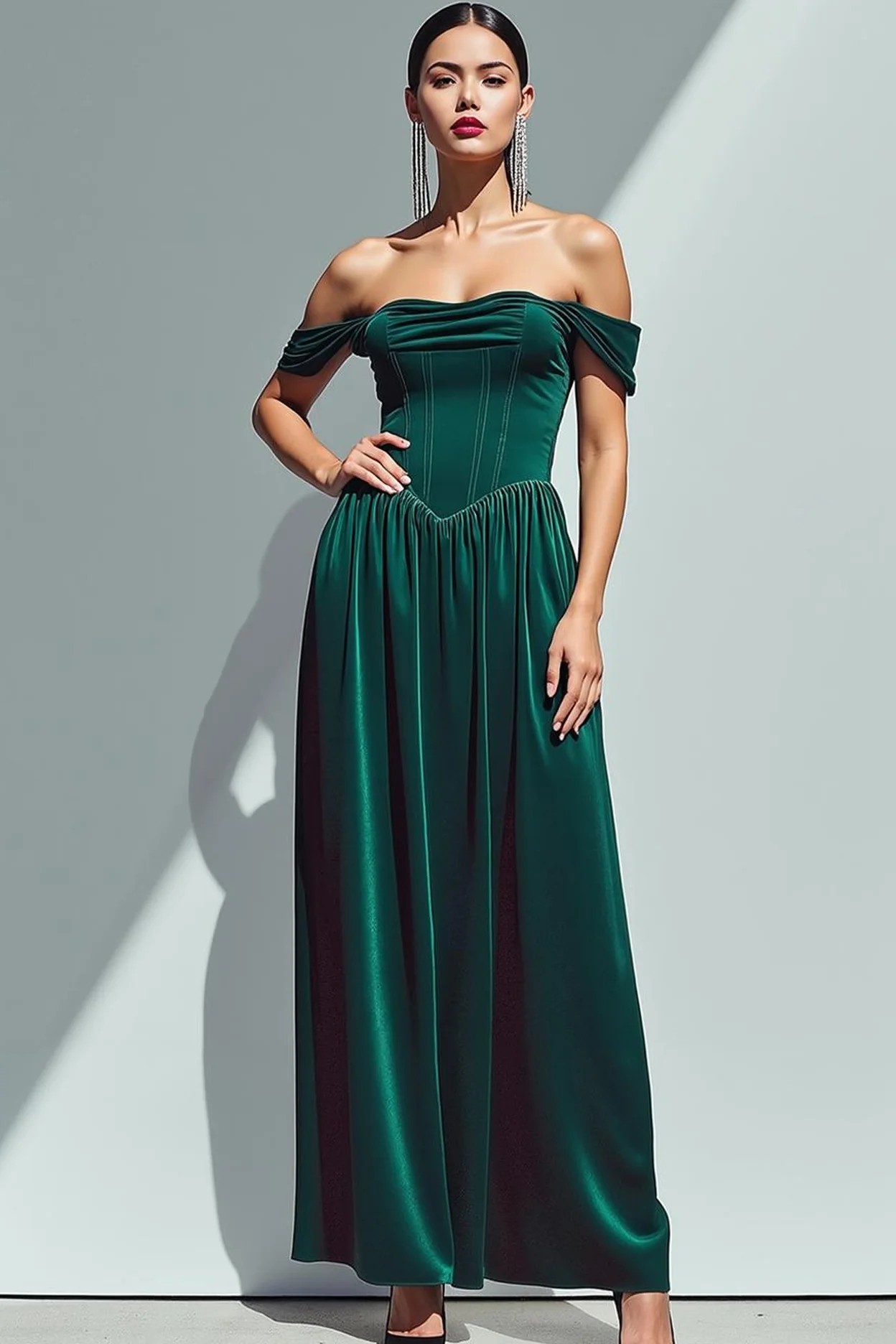 Dark Green A-Line Corset Velvet Maxi Holiday Party Dress with Pockets - Image 3