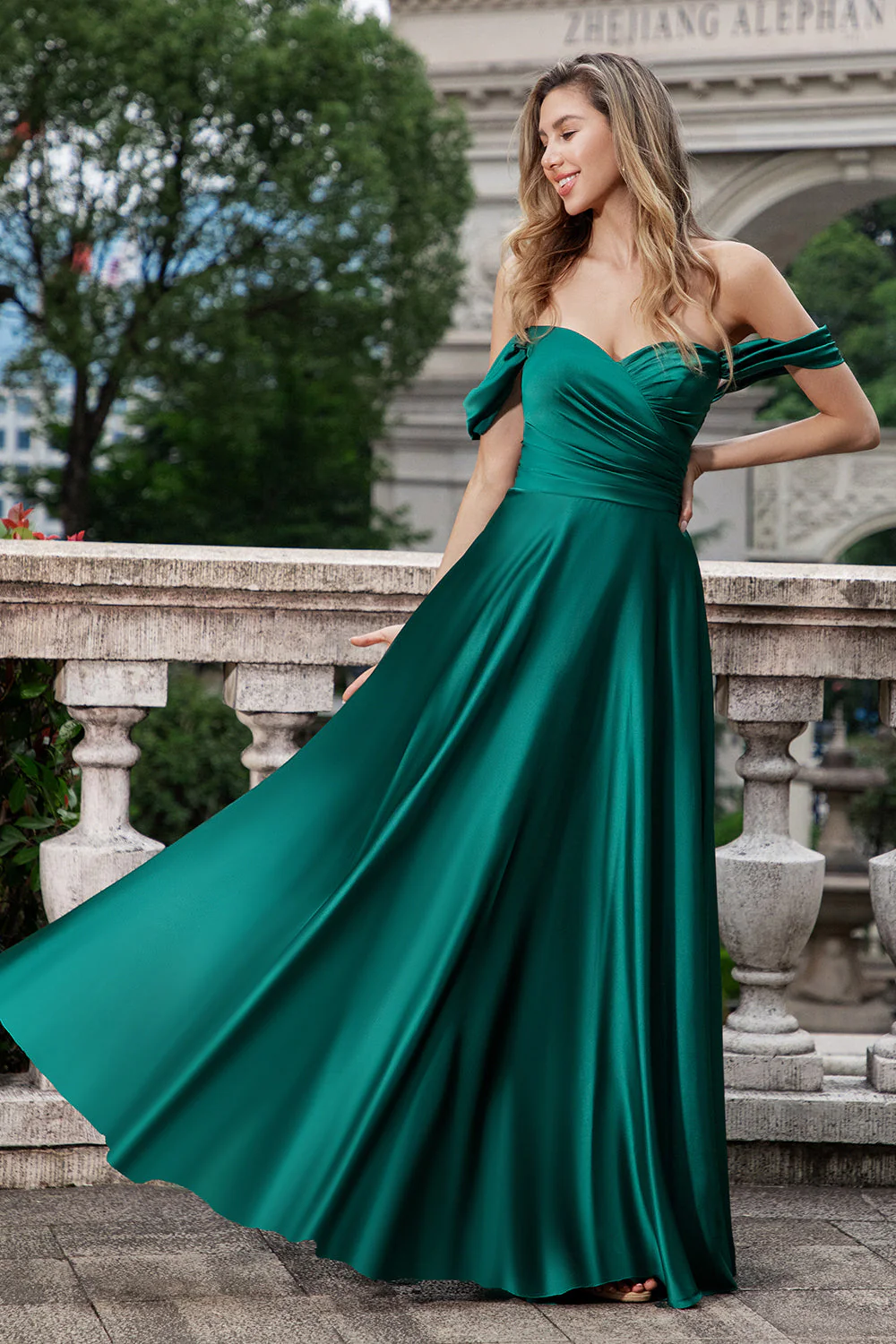 Dark Green A Line Off the Shouder Satin Long Bridesmaid Dress - Image 6