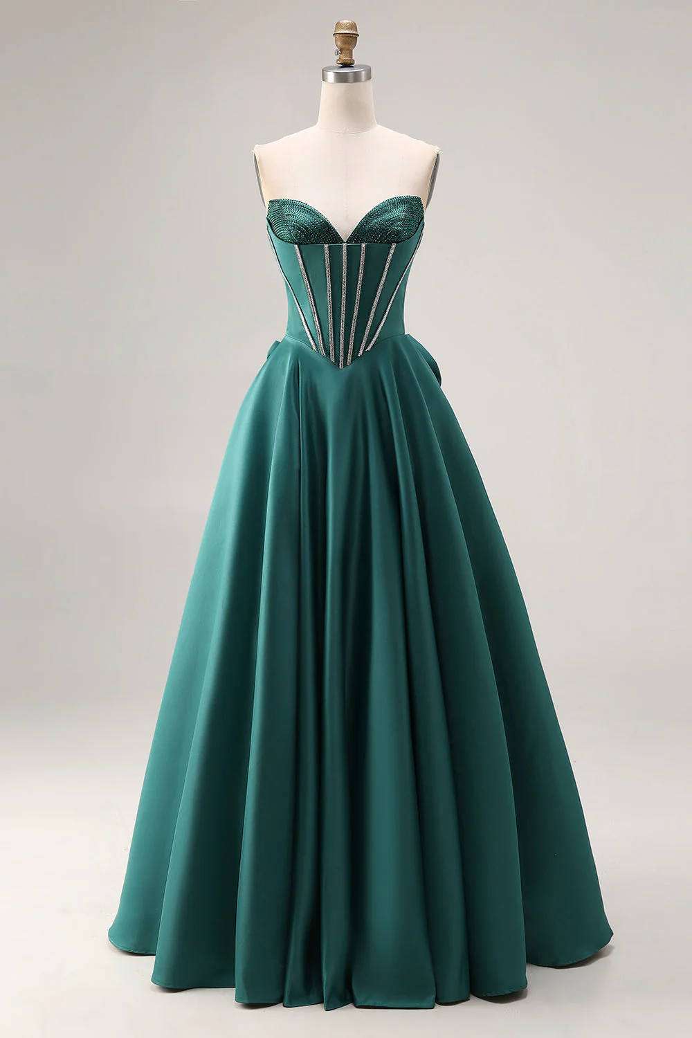 Dark Green A-Line Satin Sweetheart Corset Beaded Long Porm Dress with Bow