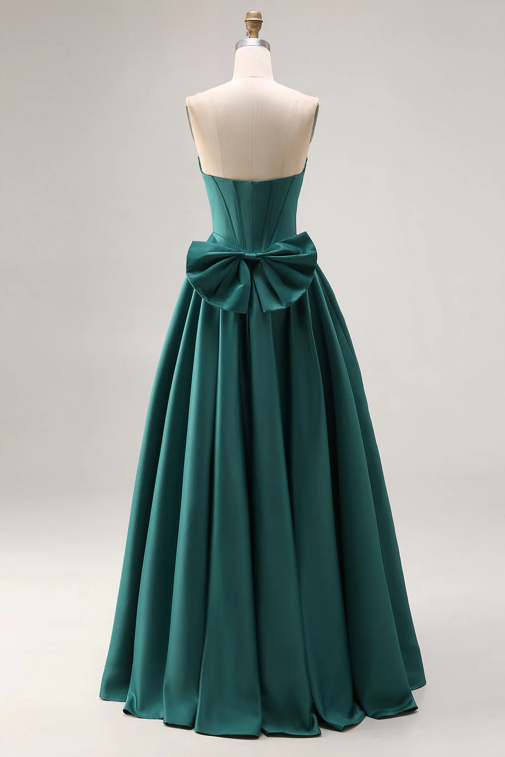 Dark Green A-Line Satin Sweetheart Corset Beaded Long Porm Dress with Bow - Image 2