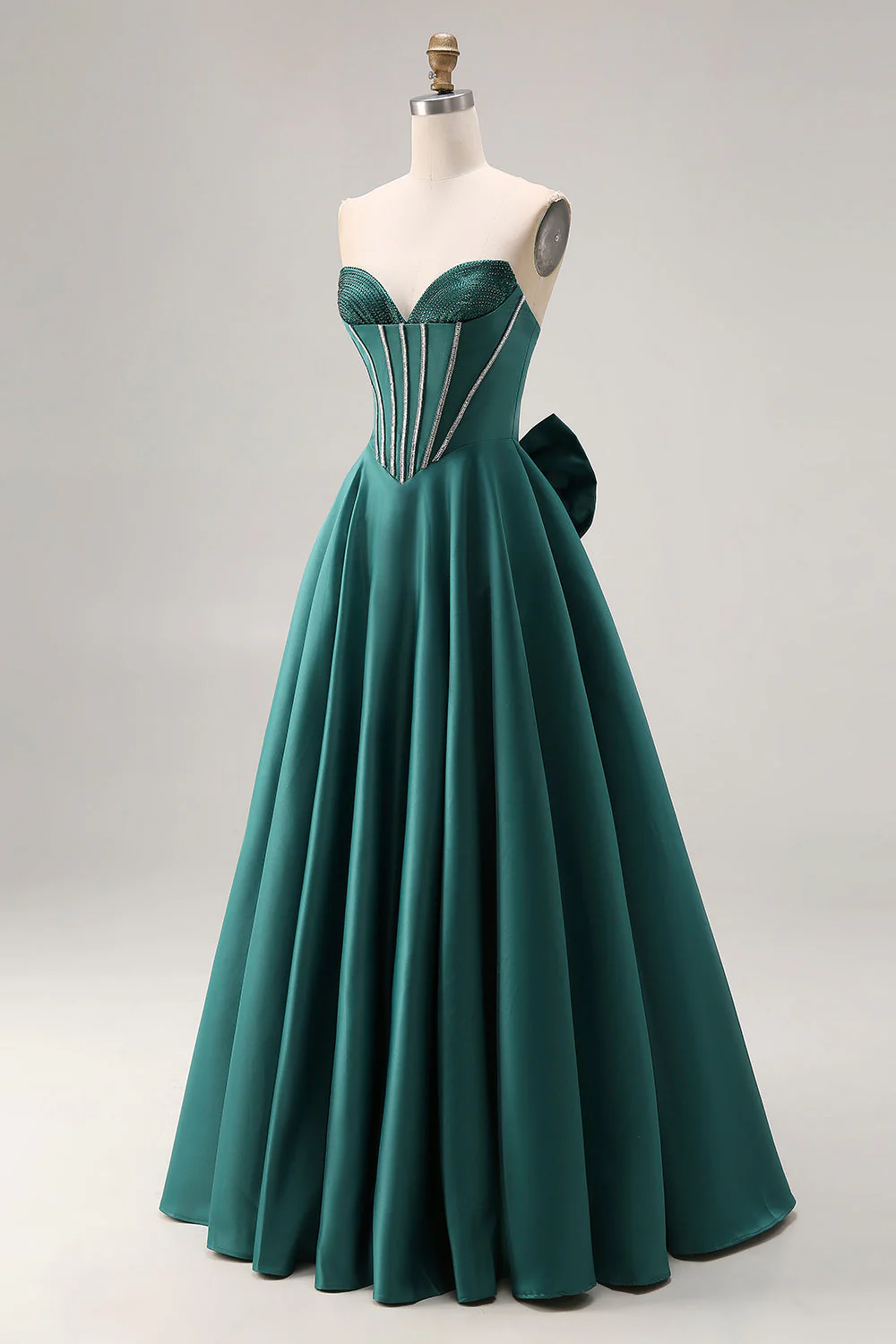 Dark Green A-Line Satin Sweetheart Corset Beaded Long Porm Dress with Bow - Image 3