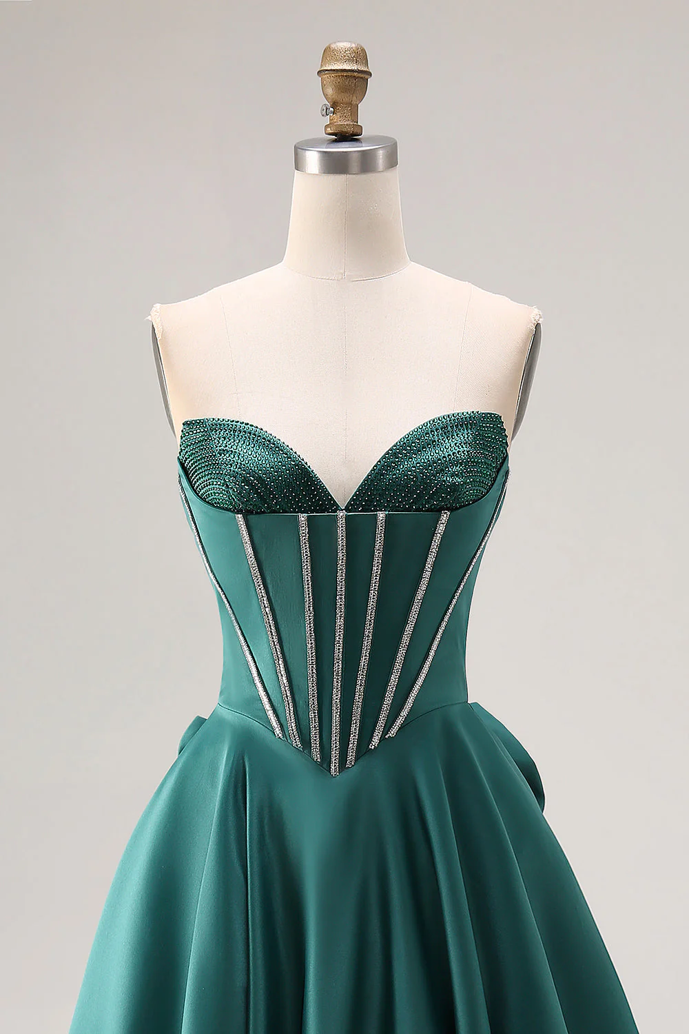Dark Green A-Line Satin Sweetheart Corset Beaded Long Porm Dress with Bow - Image 4