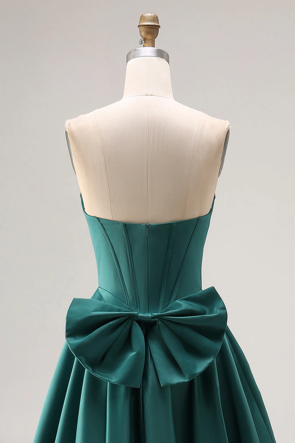 Dark Green A-Line Satin Sweetheart Corset Beaded Long Porm Dress with Bow - Image 5