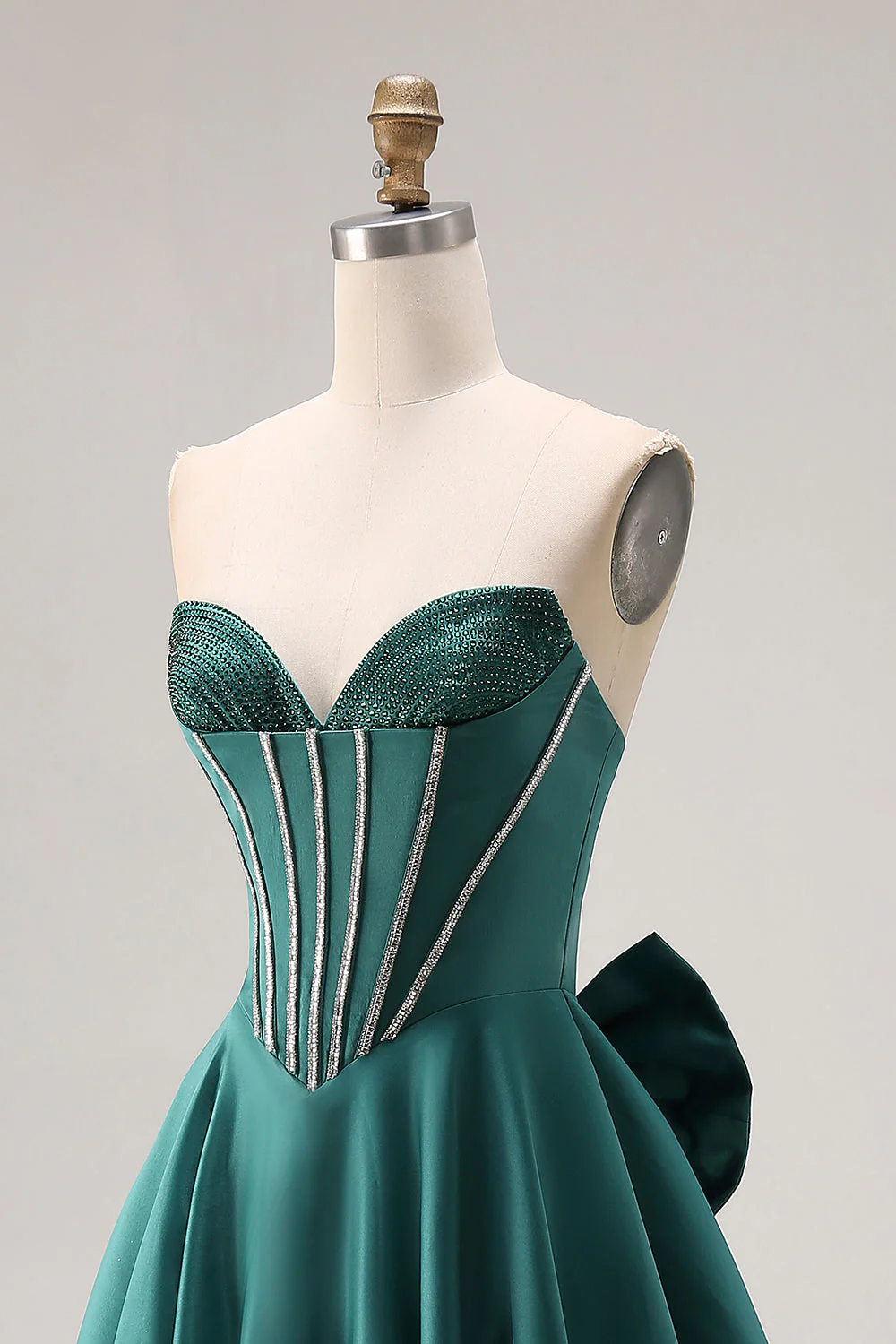 Dark Green A-Line Satin Sweetheart Corset Beaded Long Porm Dress with Bow - Image 6