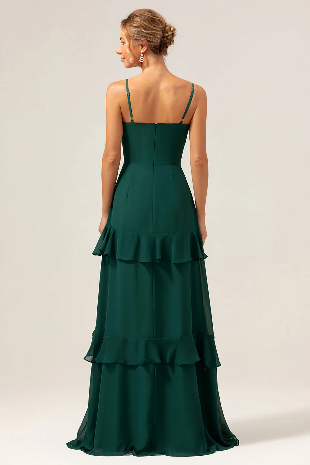Dark Green A-Line Spaghetti Straps Chiffon Long Bridesmaid Dress with Ruffles - Image 2