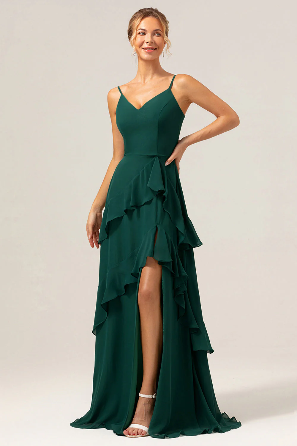 Dark Green A-Line Spaghetti Straps Chiffon Long Bridesmaid Dress with Ruffles - Image 3
