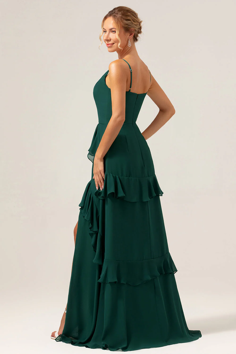 Dark Green A-Line Spaghetti Straps Chiffon Long Bridesmaid Dress with Ruffles - Image 4