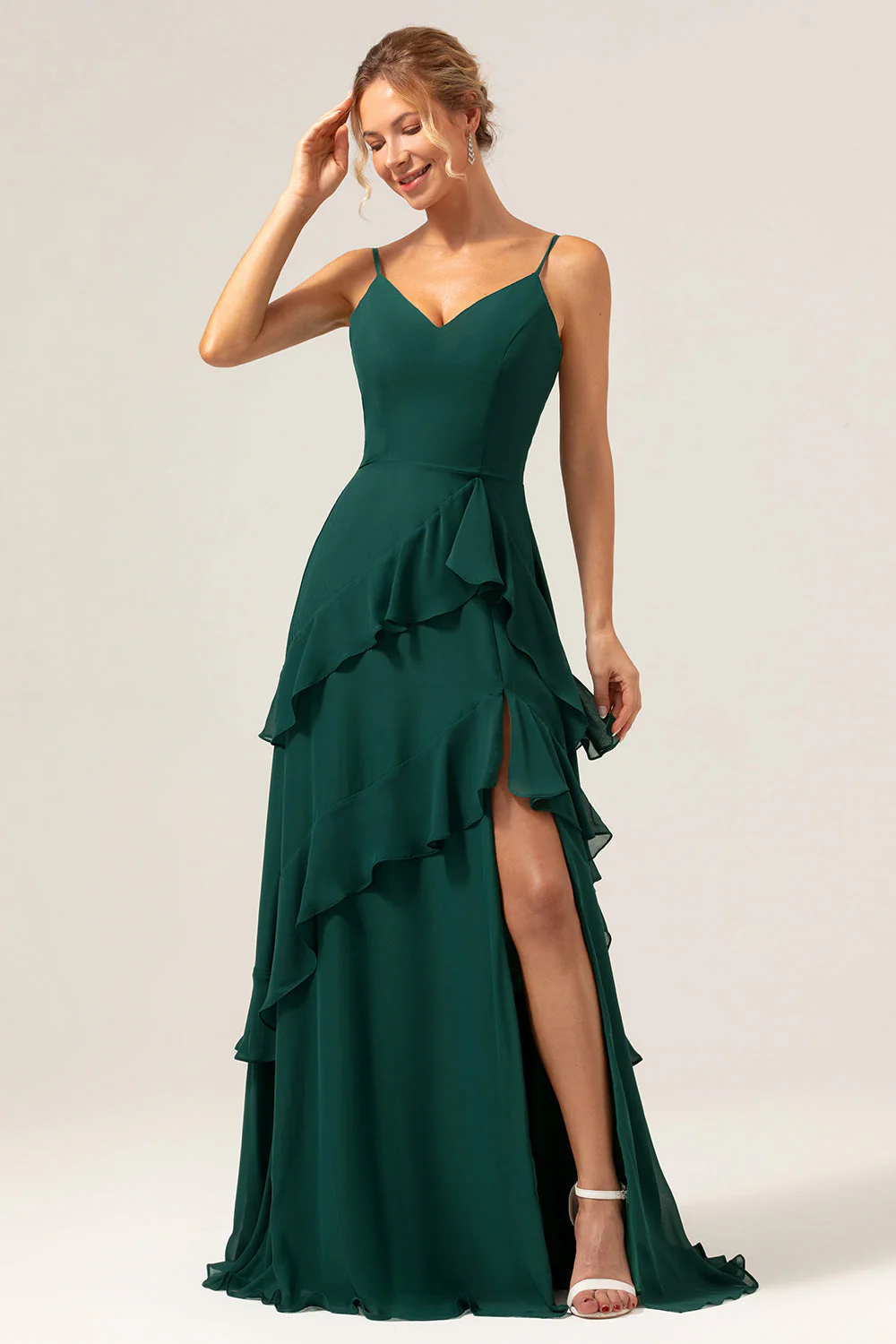 Dark Green A-Line Spaghetti Straps Chiffon Long Bridesmaid Dress with Ruffles - Image 6