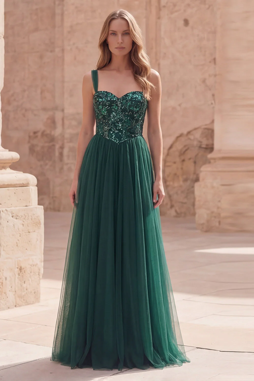 Dark Green A Line Spaghetti Straps Sequin Long Prom Dress