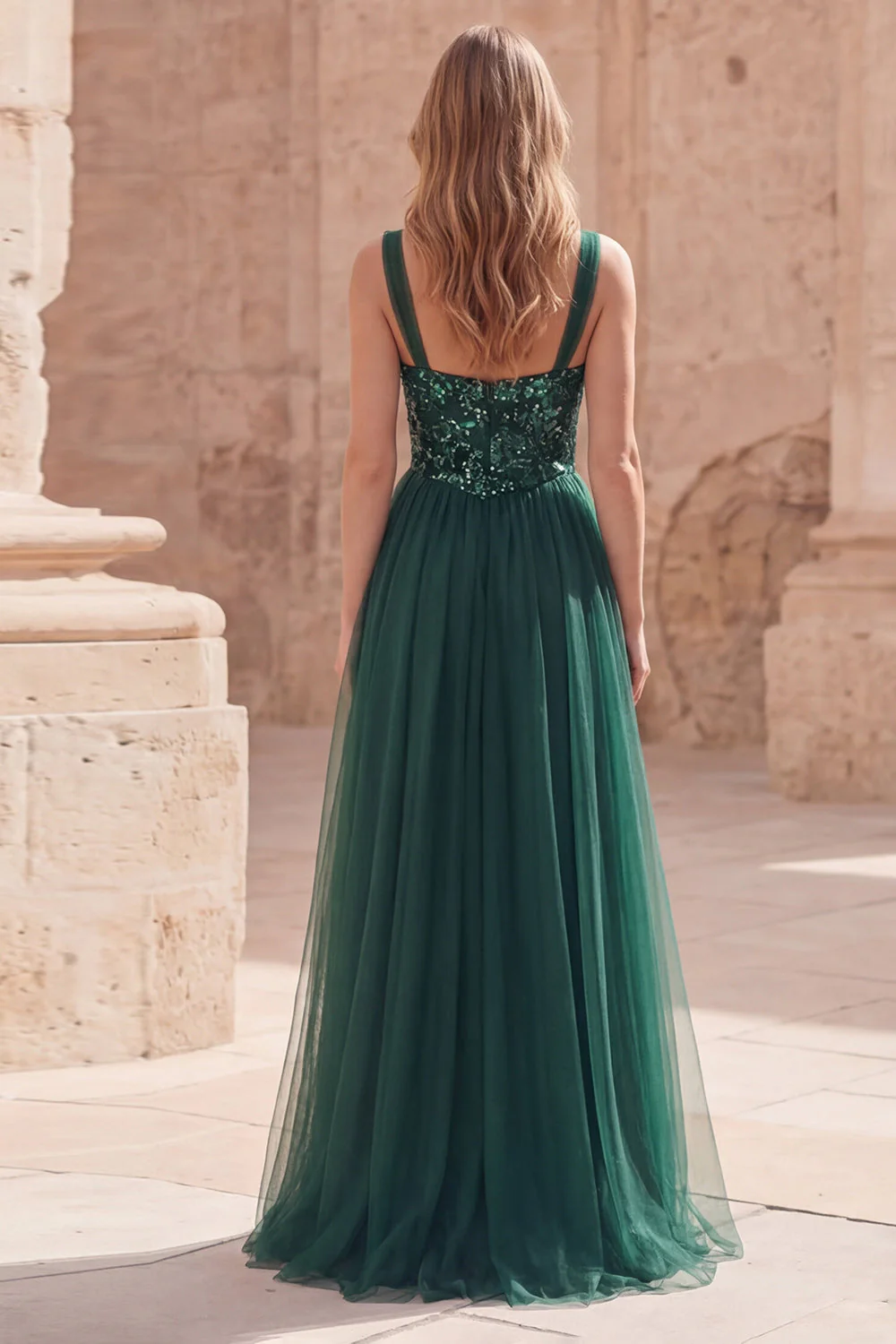 Dark Green A Line Spaghetti Straps Sequin Long Prom Dress - Image 2