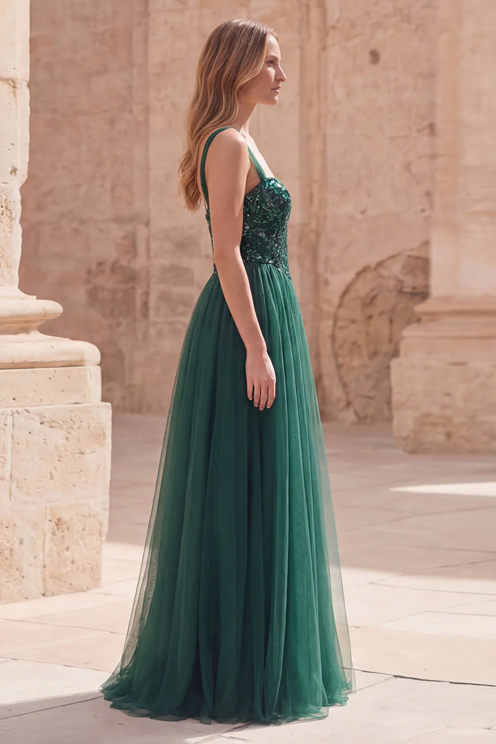 Dark Green A Line Spaghetti Straps Sequin Long Prom Dress - Image 3